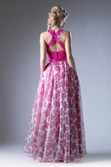 Beaded Lace Bodice 2 Piece Satin Floral Gown by Cinderella Divine -KD099
