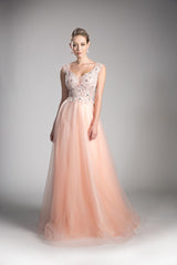 A-Line Tulle Gown With Beaded Lace Cap Sleeve Bodice And Open Back by Cinderella Divine -KV1015