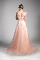 A-Line Tulle Gown With Beaded Lace Cap Sleeve Bodice And Open Back by Cinderella Divine -KV1015