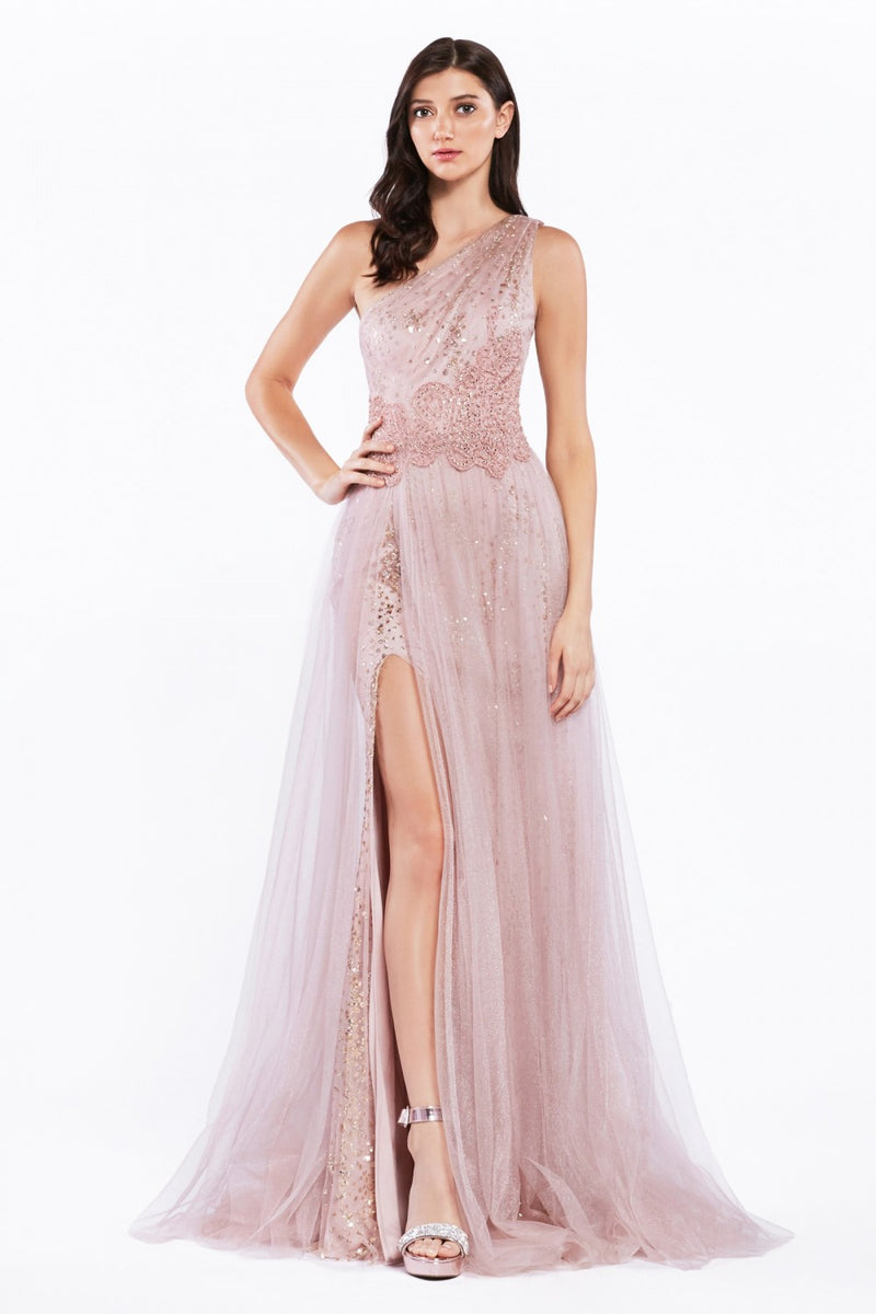 MyFashion.com - One shoulder gown with glitter print and tulle over skirt.(KV1046) - Cinderella Divine promdress eveningdress fashion partydress weddingdress 
 gown homecoming promgown weddinggown 