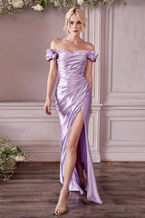 Off Shoulder Shiny Satin Gown By Cinderella Divine -KV1056