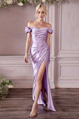 Clearance Sale - Off Shoulder Shiny Satin Gown By Cinderella Divine -KV1056