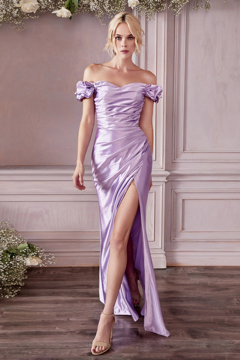 Clearance Sale - Off Shoulder Shiny Satin Gown By Cinderella Divine -KV1056