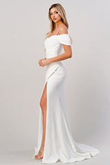 White Fitted Off Shoulder Gown By Cinderella Divine -KV1057W