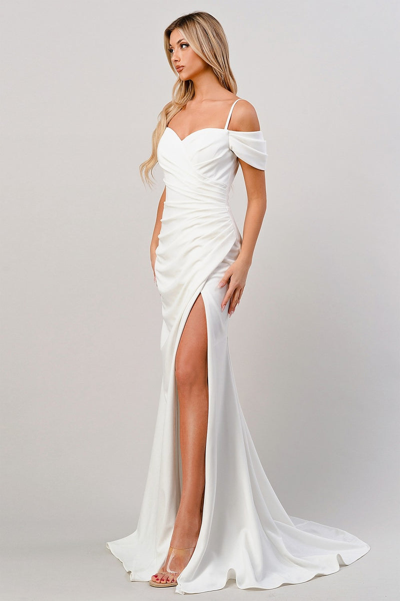 White Fitted Off Shoulder Gown By Cinderella Divine -KV1057W