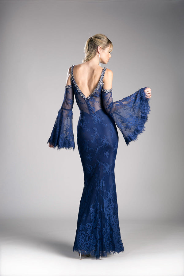 Long Fitted Lace Dress With Bell Sleeves by Cinderella Divine -13112