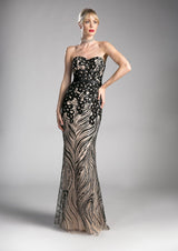 Strapless Fitted Dress With Sequin Print Details And Satin Belt By Cinderella Divine -CD0112