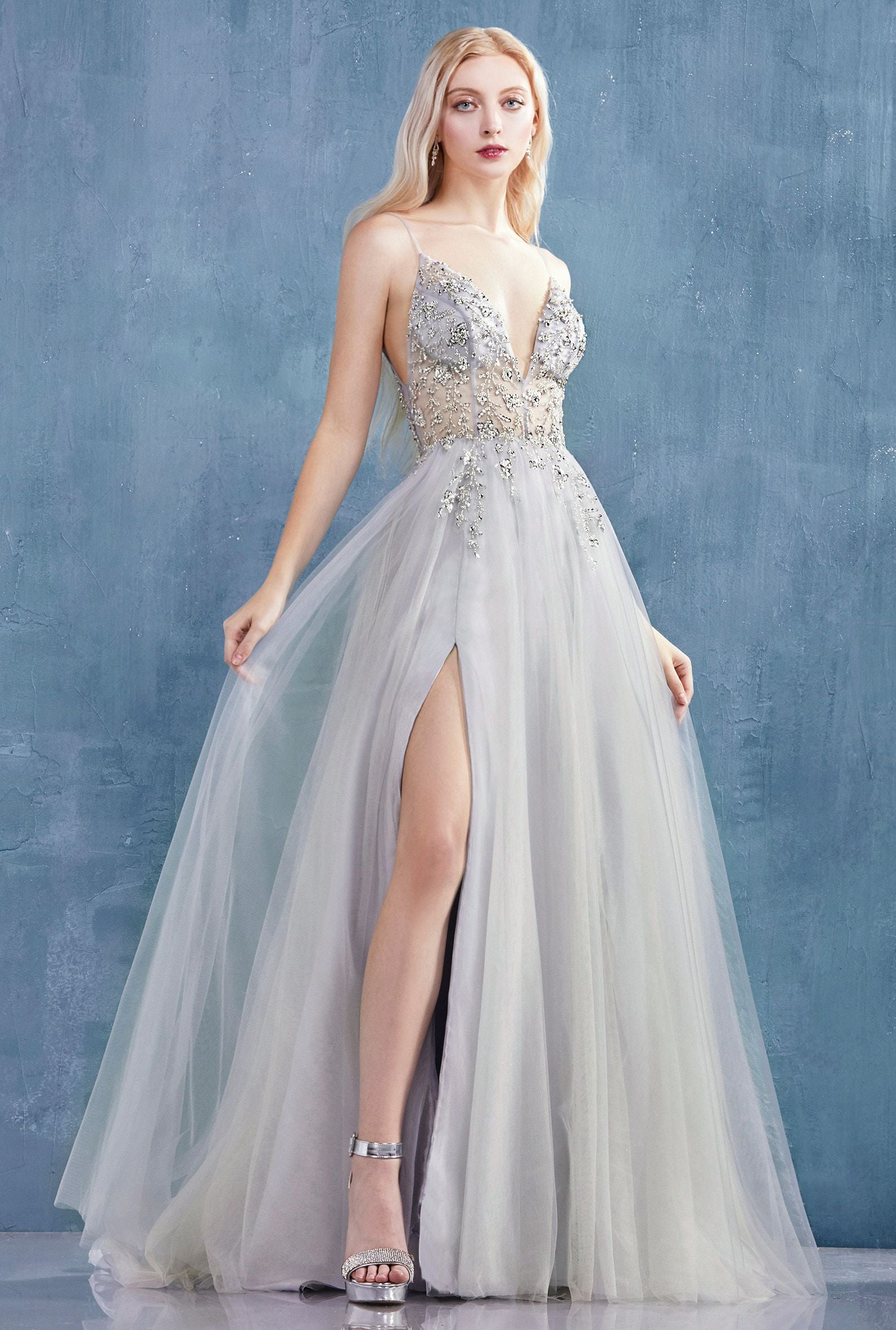 MyFashion.com - V-NECK ETHEREAL FLORAL BEADED TULLE A-LINE WITH LEG SLIT(A0672) - Andrea&Leo promdress eveningdress fashion partydress weddingdress 
 gown homecoming promgown weddinggown 