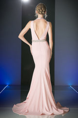 Fitted Mermaid Gown With Open Back And Beaded Belt by Cinderella Divine -P107