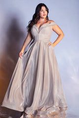 Off The Shoulder A-Line Cap Sleeves Gown With Metallic Glitter Finish And Lace Up Back by Cinderella Divine -CD210C