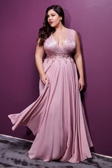 A-Line Chiffon Dress With Lace Bodice And Center Back Zipper by Cinderella Divine -S7201