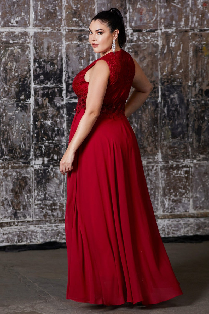 A-Line Chiffon Dress With Lace Bodice And Center Back Zipper by Cinderella Divine -S7201