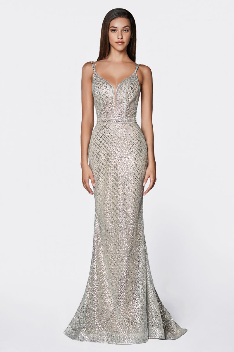 MyFashion.com - Fitted glitter gown with deep plunging neckline and open back.(U102) - Cinderella Divine promdress eveningdress fashion partydress weddingdress 
 gown homecoming promgown weddinggown 
