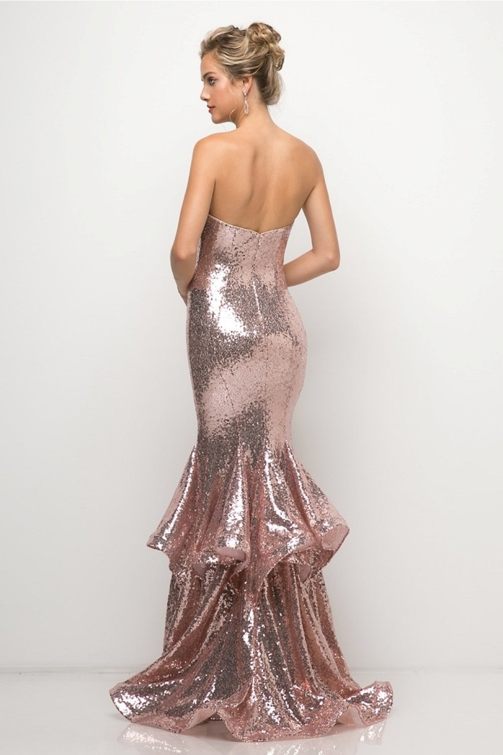 Strapless Fitted Sequin Gown With Sweetheart Neckline And Layered Mermaid Bottom by Cinderella Divine -UE010