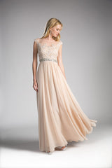 A-Line Chiffon Gown With Beaded Lace Top And Closed Back By Cinderella Divine -UJ0011