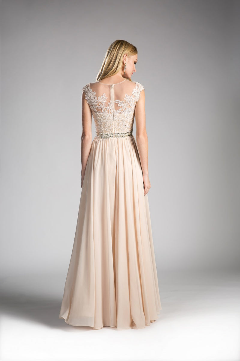 A-Line Chiffon Gown With Beaded Lace Top And Closed Back By Cinderella Divine -UJ0011