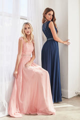 A-Line Chiffon Gown With Beaded Lace Top And Closed Back By Cinderella Divine -UJ0011