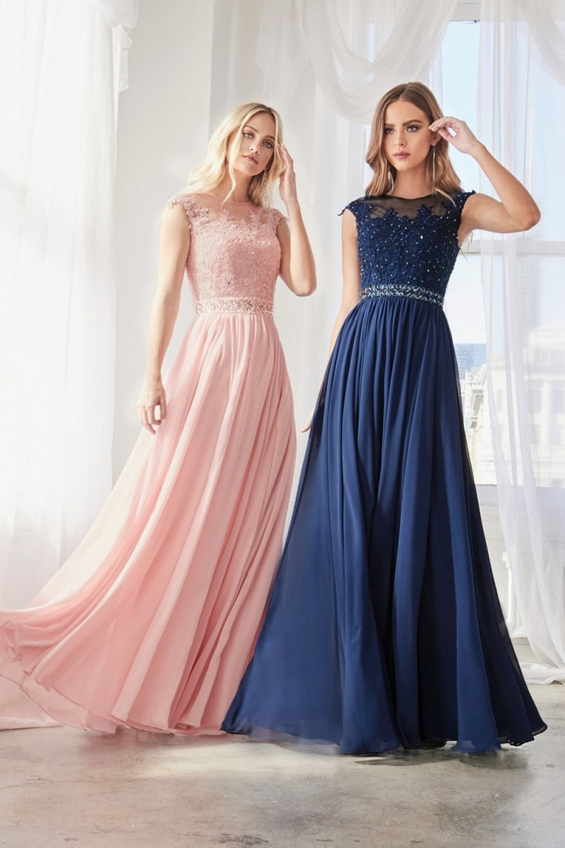 A-Line Chiffon Gown With Beaded Lace Top And Closed Back By Cinderella Divine -UJ0011