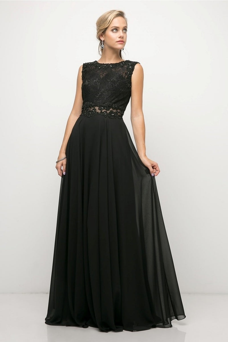 A-Line Chiffon Dress With Embllished Lace Bodice And Illusion Waist Line by Cinderella Divine -UJ0013