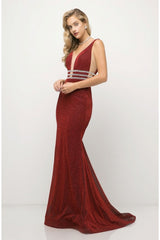 MyFashion.com - Fitted stretch gown with beaded belt detail and deep plunging neckline.( UK022) - Cinderella Divine promdress eveningdress fashion partydress weddingdress 
 gown homecoming promgown weddinggown 