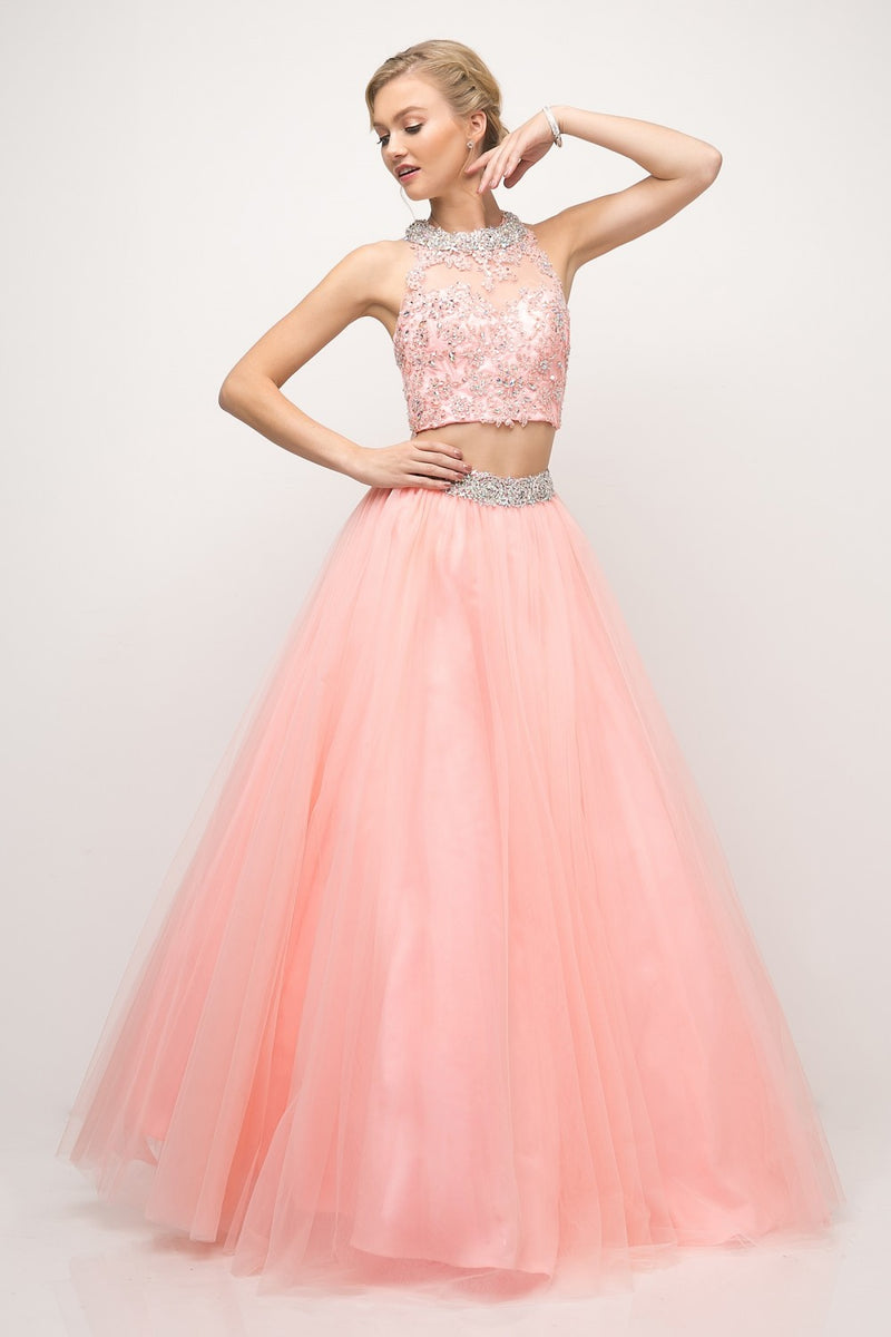 Two Piece Ball Gown With Lace Beaded Top And Criss Cross Back by Cinderella Divine -UM078