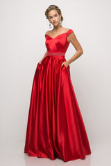MyFashion.com - Off the shoulder satin ball gown with beaded belt and pockets.(UT257) - Cinderella Divine promdress eveningdress fashion partydress weddingdress 
 gown homecoming promgown weddinggown 