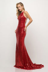 Fitted Sequin Gown With High Neckline And Beaded Criss Cross Back by Cinderella Divine -UW202