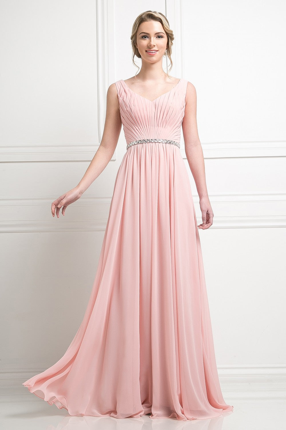 A-Line Chiffon Gown With V-Neckline And Beaded Belt by Cinderella Divine -W0014