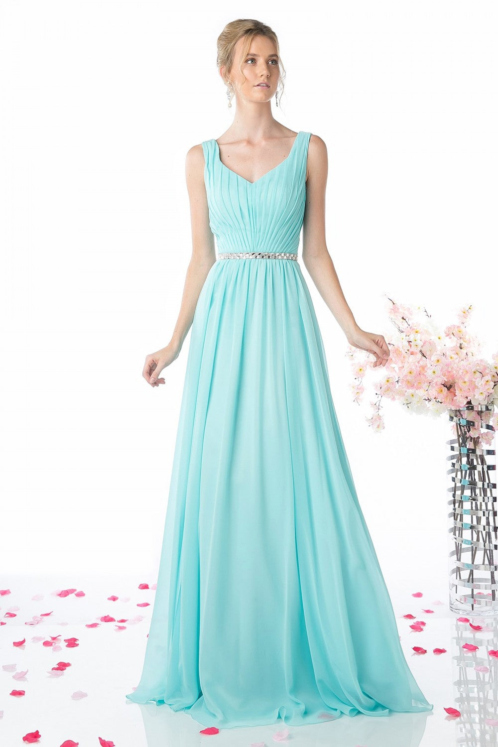 A-Line Chiffon Gown With V-Neckline And Beaded Belt by Cinderella Divine -W0014