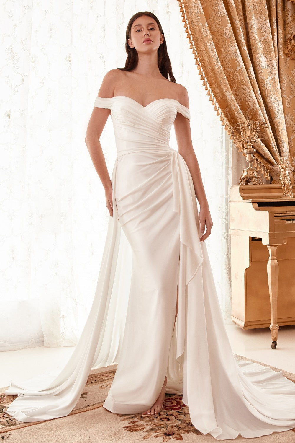Draped Off The Shoulder Bridal Gown With Overskirt By Cinderella Divine -WN315