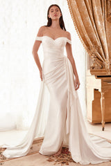 Draped Off The Shoulder Bridal Gown With Overskirt By Cinderella Divine -WN315