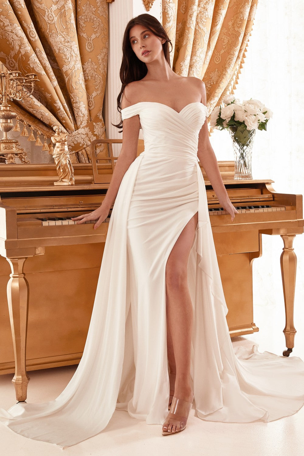 Draped Off The Shoulder Bridal Gown With Overskirt By Cinderella Divine -WN315CL