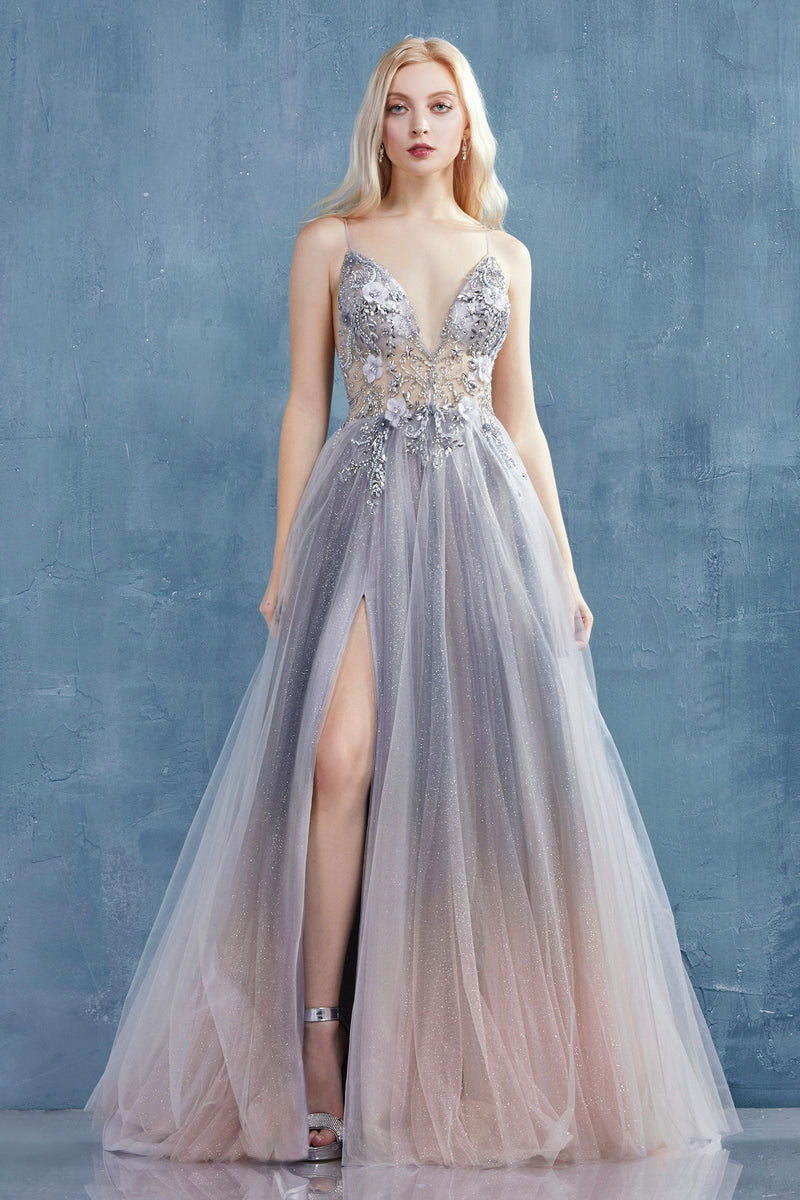 MyFashion.com - DREAMER 3D FLORAL AND BEADED V-NECK OMBRE TULLE A-LINE GOWN. BACK ZIPPER CLOSURE, SOME STRETCH.(A0850) - Andrea&Leo promdress eveningdress fashion partydress weddingdress 
 gown homecoming promgown weddinggown 